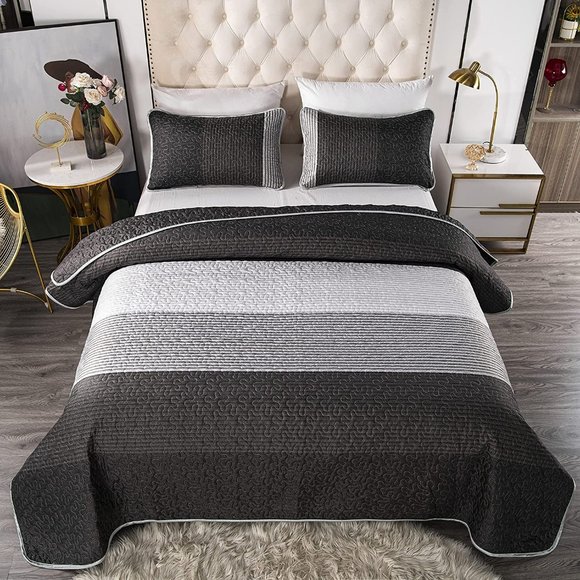 New 3 Pieces Blue Striped Alternative  Quilted Bedding Set,1 Quilt + 2 P… - Picture 3 of 12